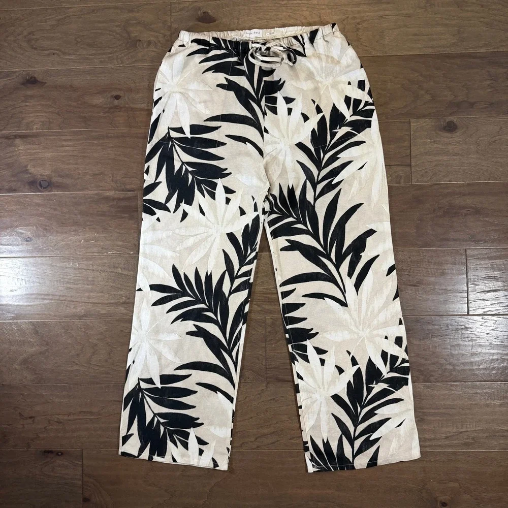 Bella Dahl Tropical Palm Print Linen Blend Drawstring Pants Black Sand B3971‎ L